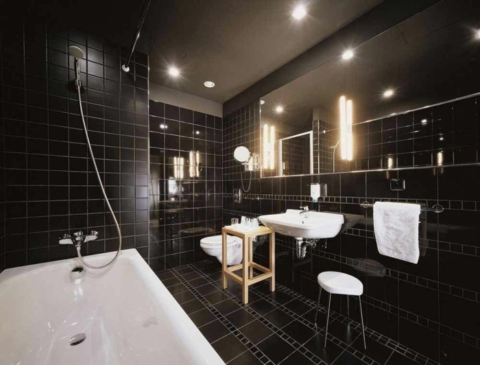 modern bathroom interior design black black tile black walls