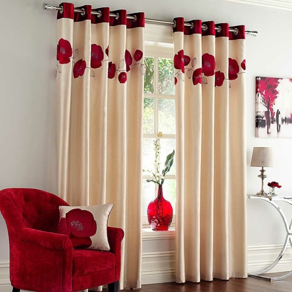 red beige floral curtains