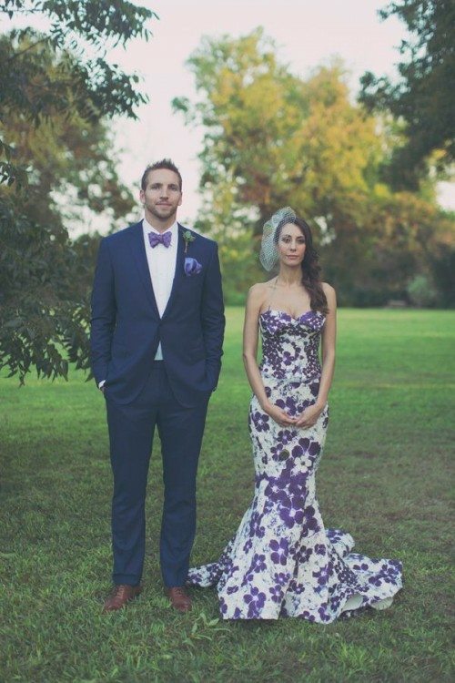 elegant wedding dress with floral motifs white purple