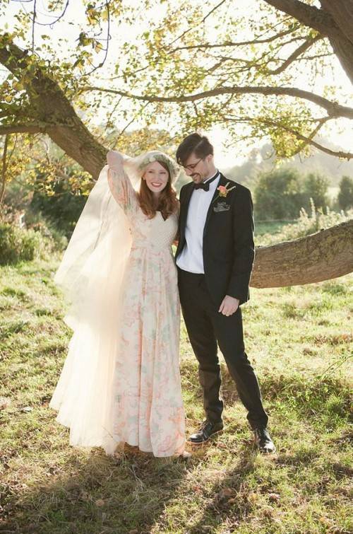 wedding dress pink shades floral patterns