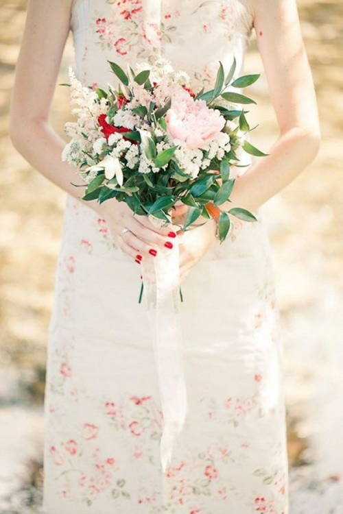 multicolored red white floral mariee dress