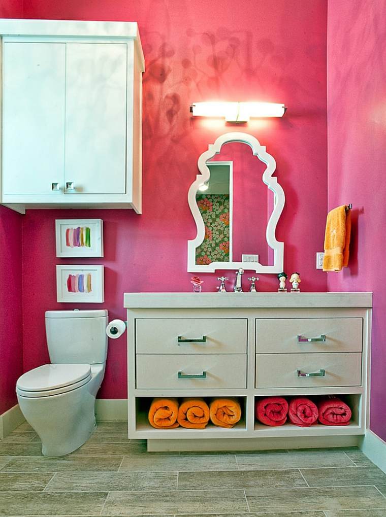 bathroom decorate idea wall pink furniture white wooden frames towel orange