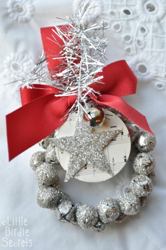 silver gray ornament fir tree made with red ribbon