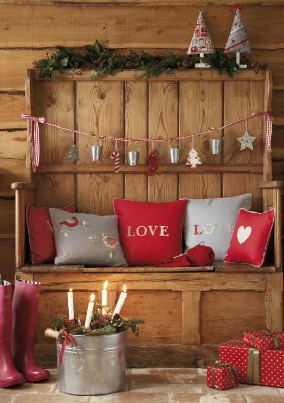 Cushions and deco in red and gray Christmas house ambiance