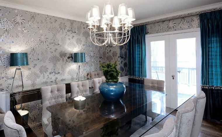 wallpaper dining room fixture blue curtains