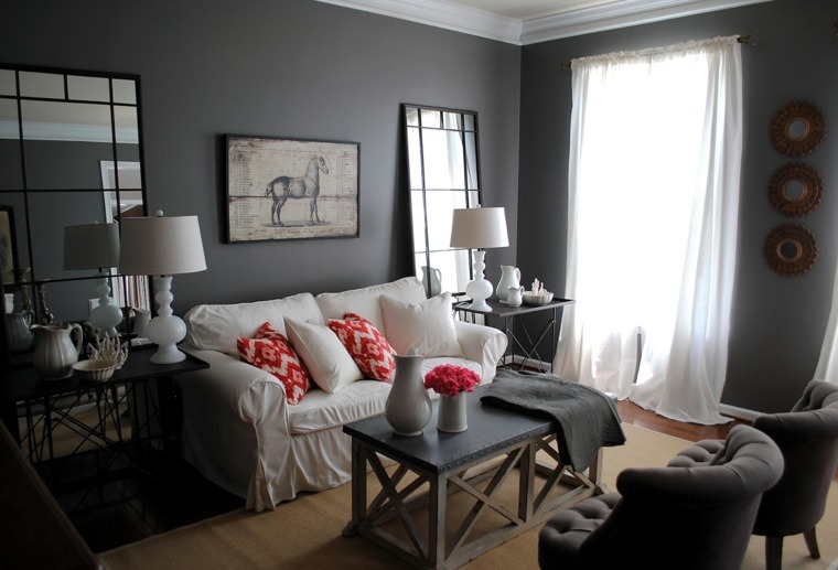 open living room on kitchen sofa white armchair gray blackboard