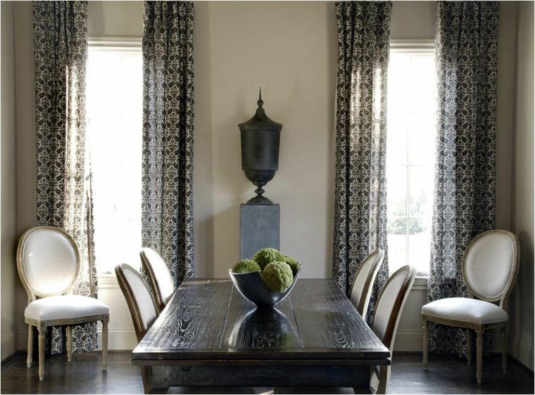 dining room design black wooden table chair white patterned curtains