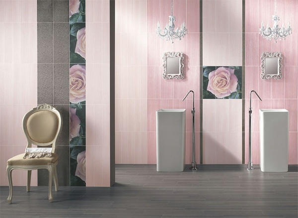 bathroom bath deco pink floral motifs