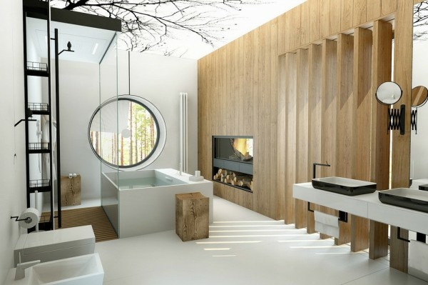 bath room luxury black white fireplace