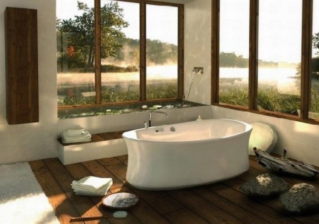 Zen bathroom natural materials bathtub-island