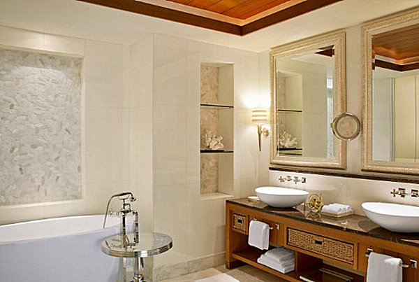 bathroom white bathtub coral decoration