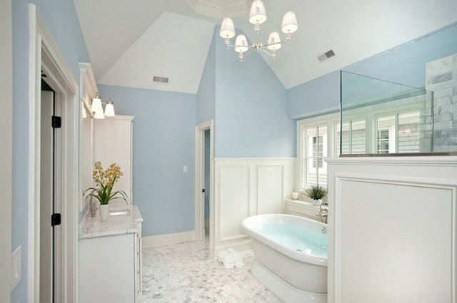 bathroom white blue under the bathtub