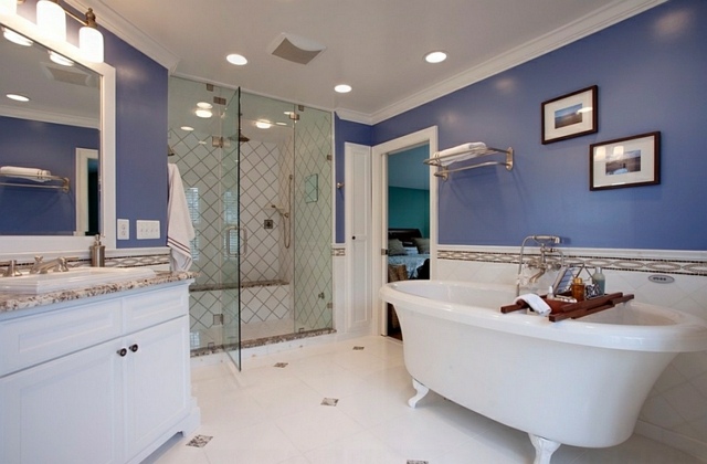 bathroom white blue glass bathtub island