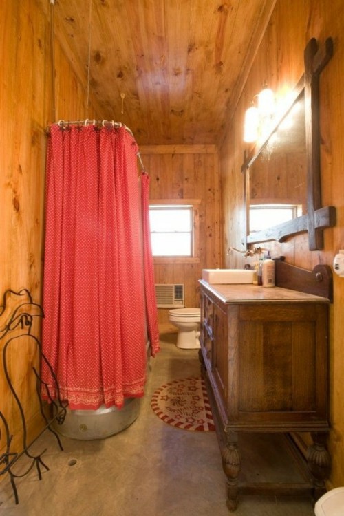 bathroom wood view length red curtains