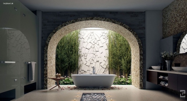 room-bathroom-design-flowers-white-natural-stone-white Ornamental garden-view