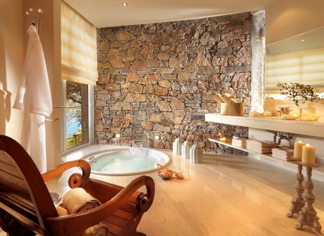 bathroom-design-natural-wall-covering-stone-natural-candles-chair-wood bathroom design