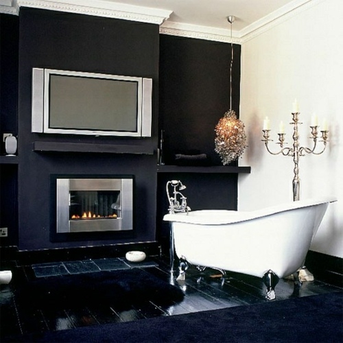 bathroom black white fireplace