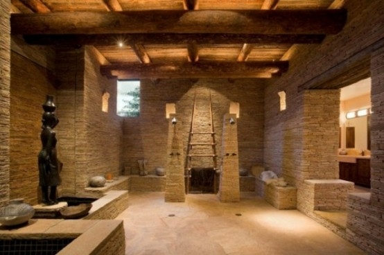 spacious stylized stone bathroom