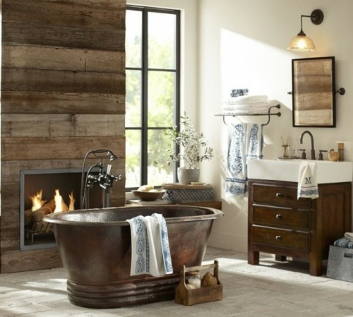 rustic bathroom bathtub fireplace open fire