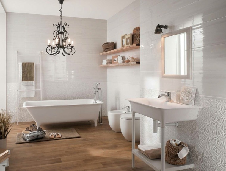 idea tile bathroom wall covering floor landscaping fixture hanging bathtub white mirror