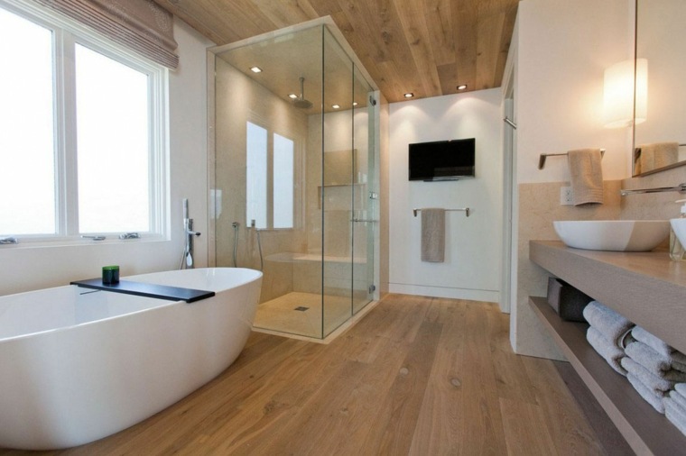 white bathroom and wood design modern wall shower TV