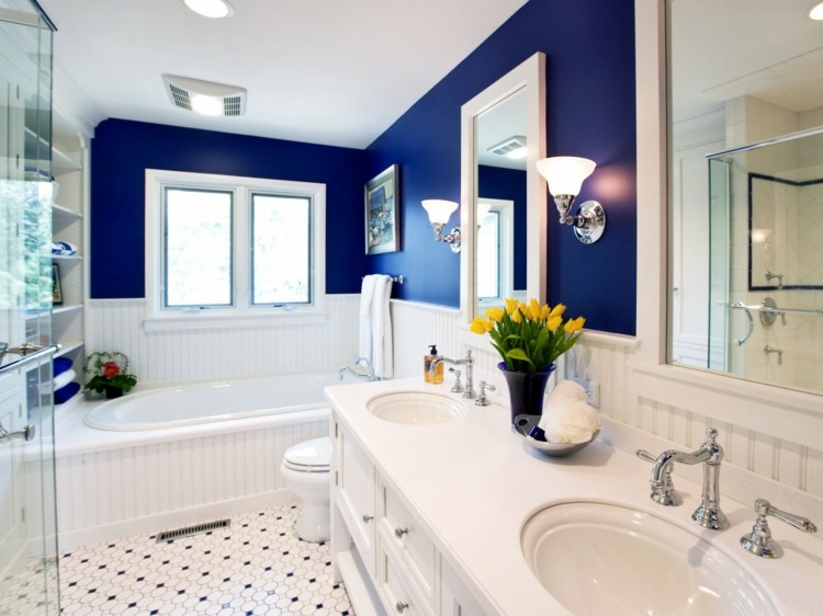 white bathroom wall blue