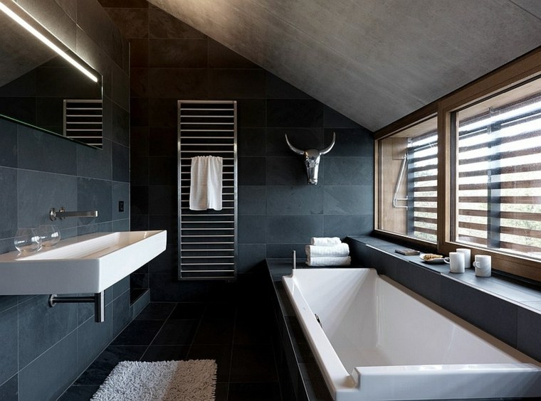 bathroom design idea tile blue modern bathtub floor mats white