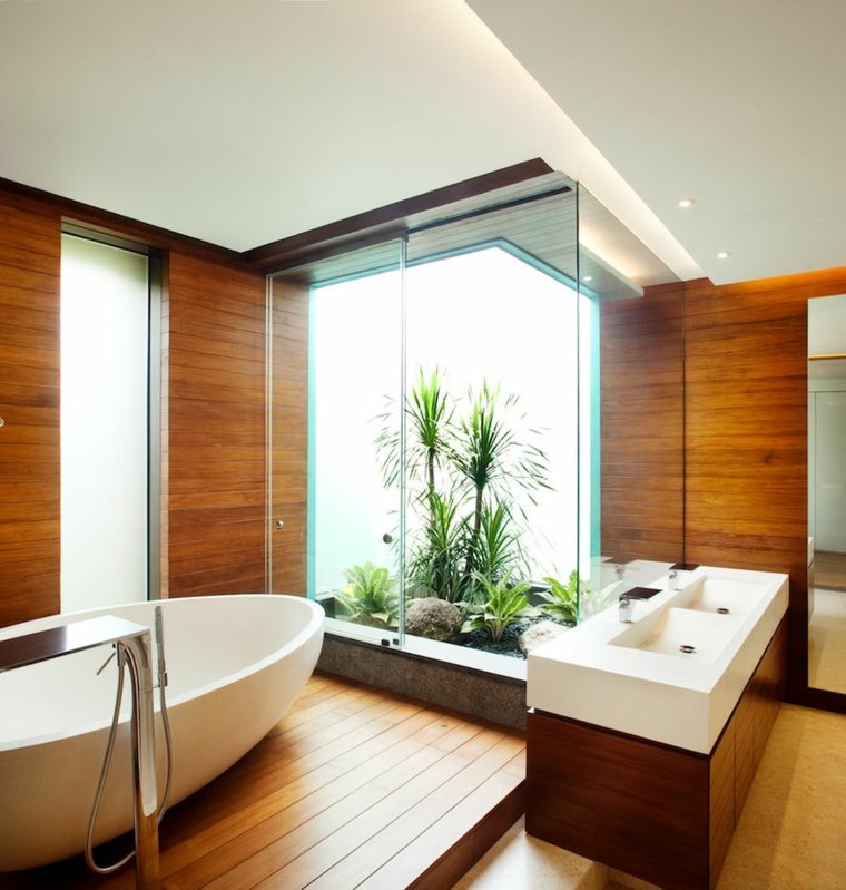 modern wood and white bathroom