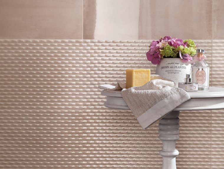 idea tile bathroom design bathroom tile pink embossed white table wood deco flowers