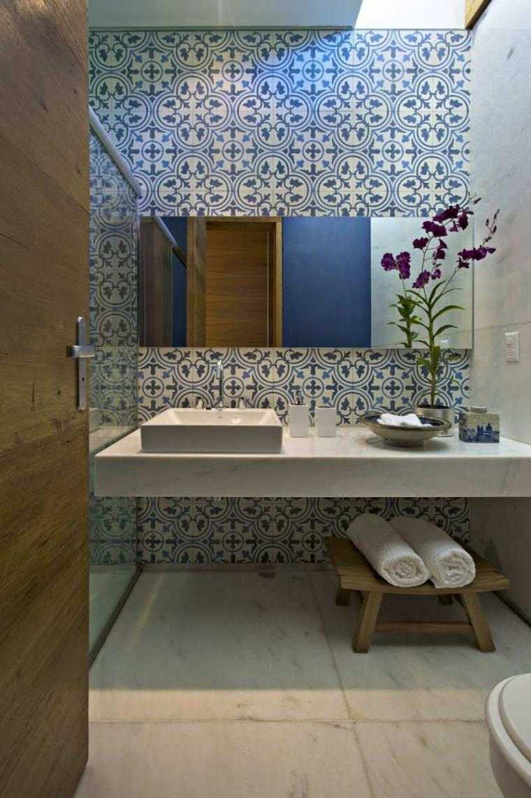 bath-tub-cocooning-tile-blue-white-stool-wood-flower-pot