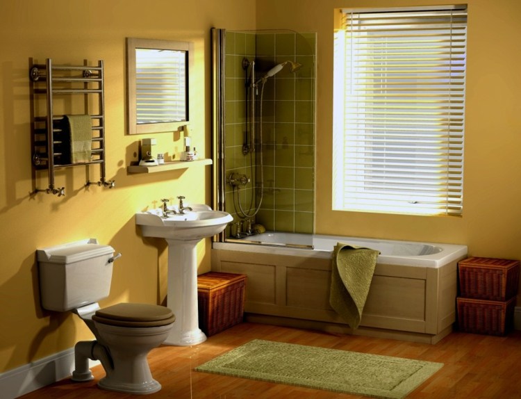 colorful yellow green bathroom