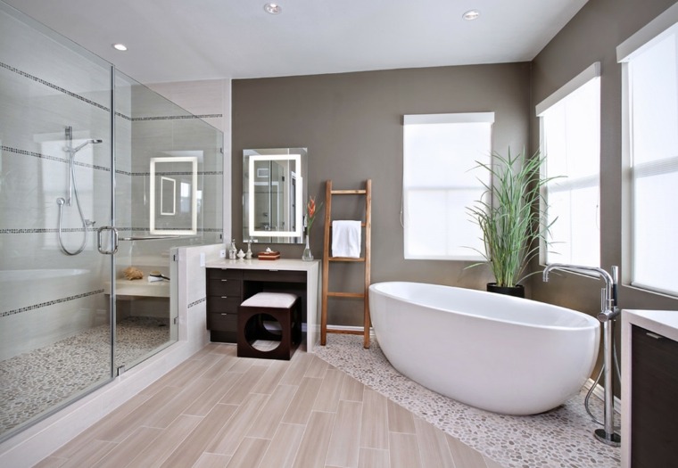 bathroom modern design bathtub plant deco parquet furniture wood