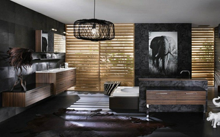 black bathroom design idea layout lighting suspension furniture wood