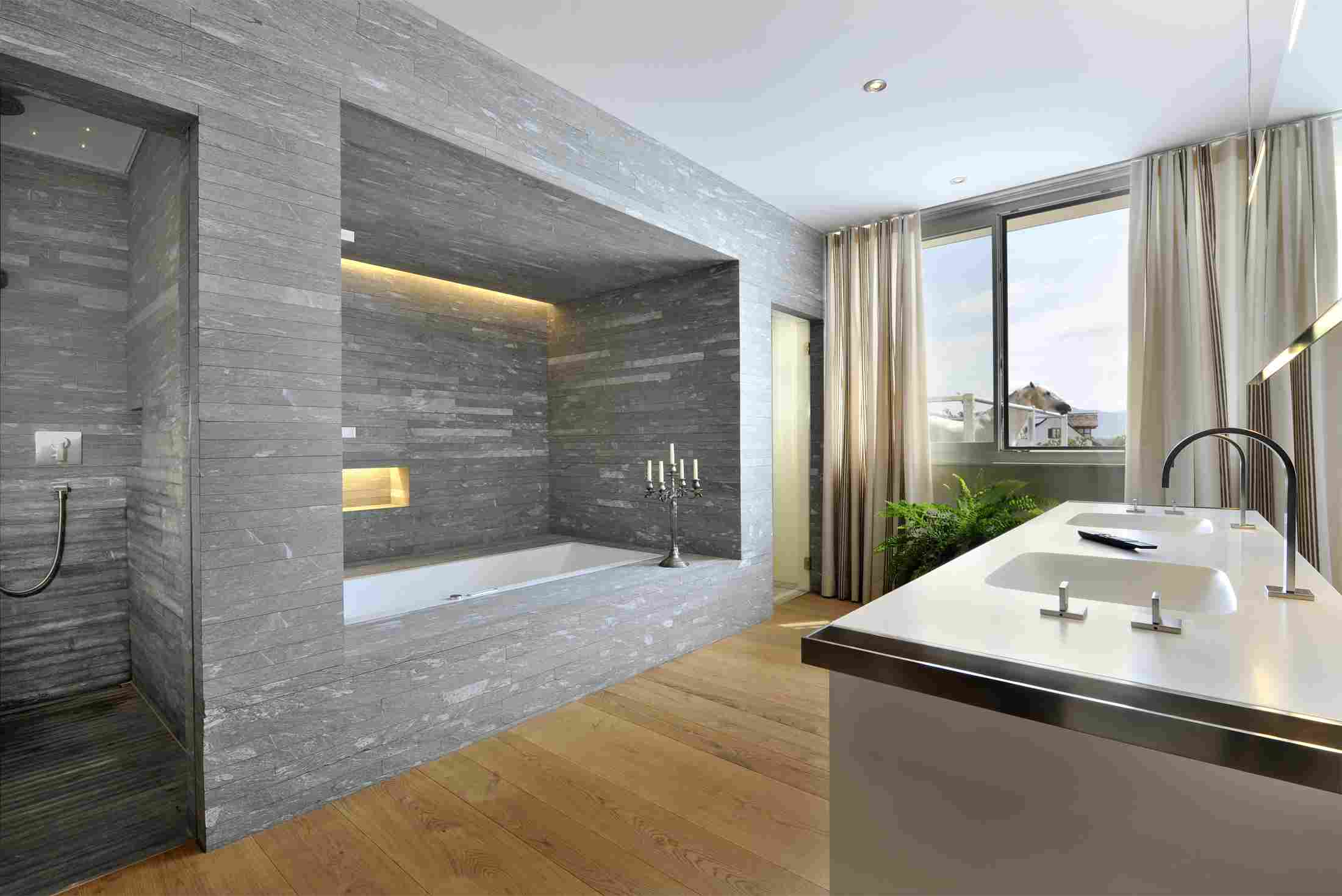 bathroom stone gray bathtub deco candles parquet wood modern sink