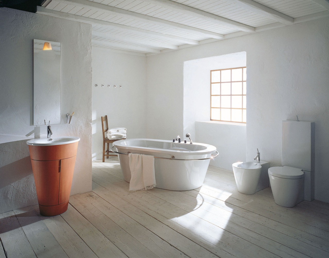 bathroom stone idea ceramic bathtub modern washbasin orange parquet floor