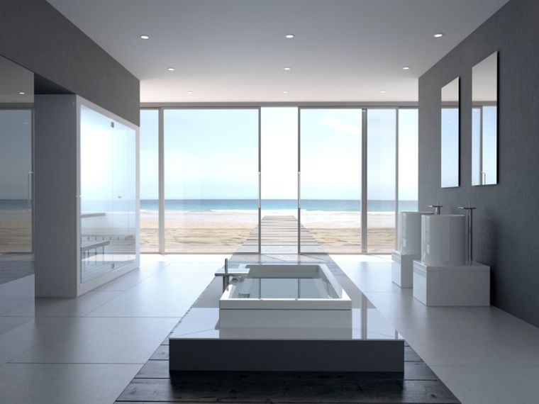 Gray and white bathroom modern rectangular bathtub