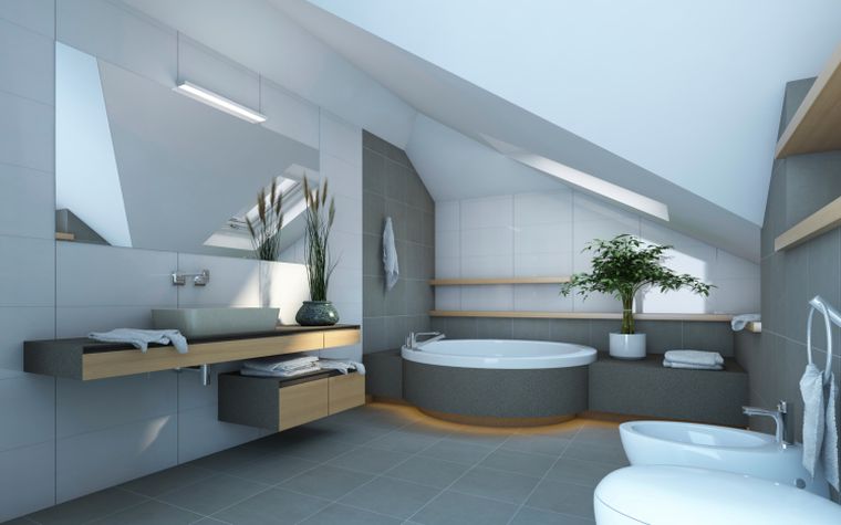 gray bathroom and white worktop wood modern furniture