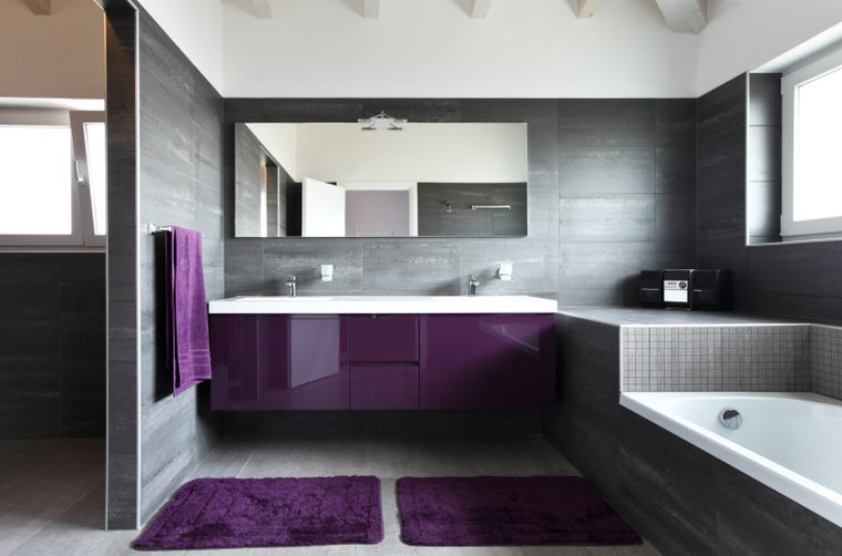 gray bathroom and white modern lacquered furniture purple keys