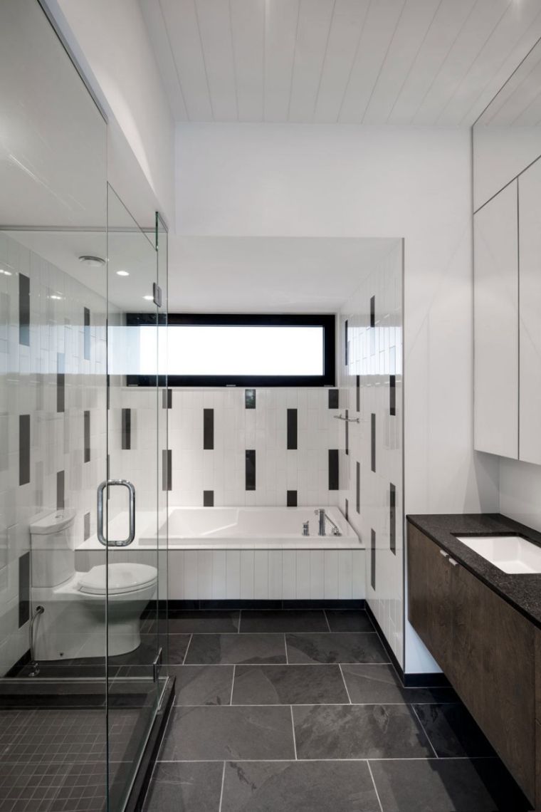 gray and white bathroom tile floor slate cabin glass shower