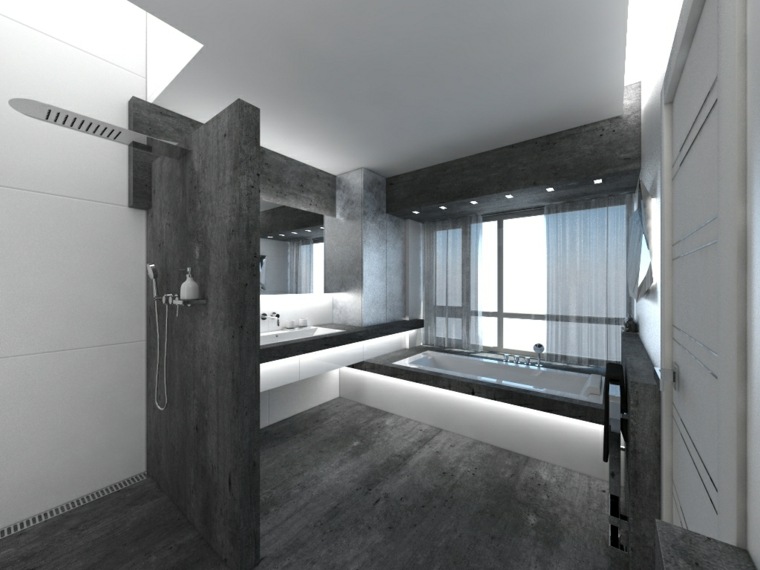 gray bathroom concrete design shower cabin bathtub