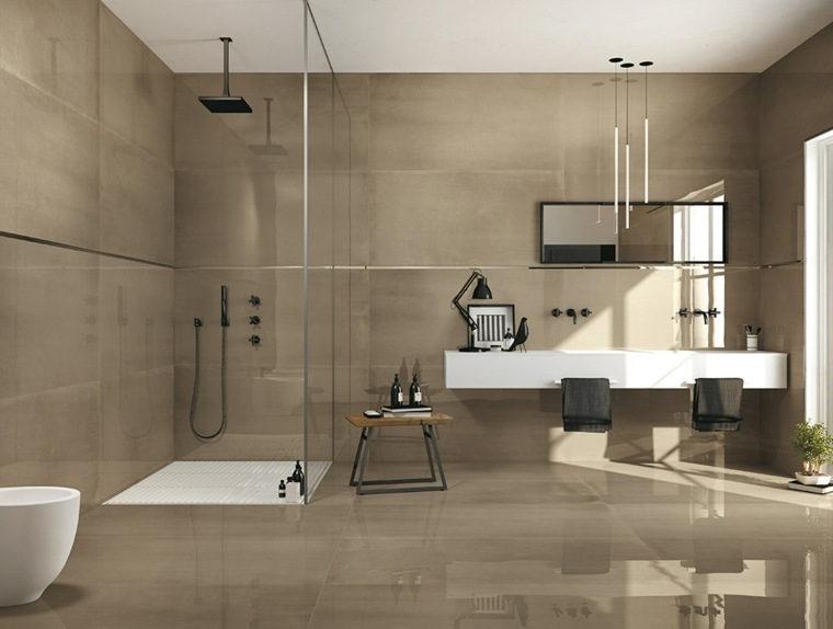 idea tiling bathroom interior gray italian shower cubicle mirror pendant light