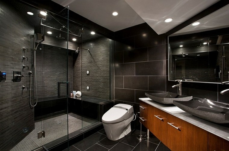 modern black tile design wood toilet