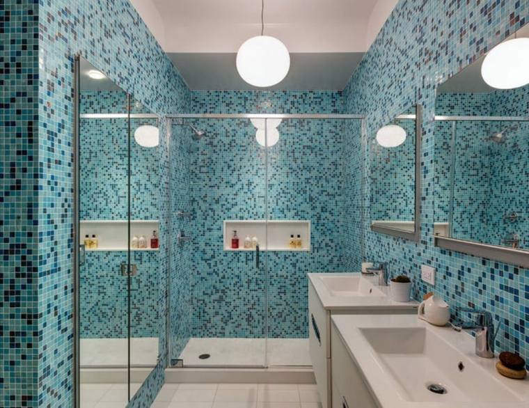 spacious blue Moroccan bathroom two sinks