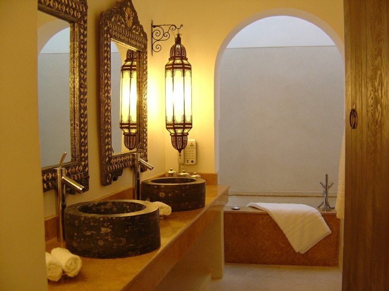 moroccan bathroom yellow brown exotic mirror lamp