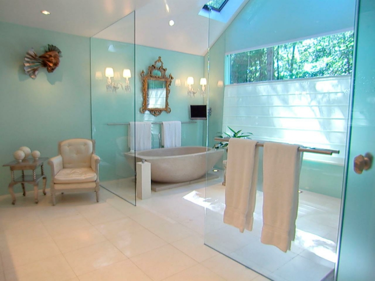 bathroom blue deco style old design bathtub design white armchair