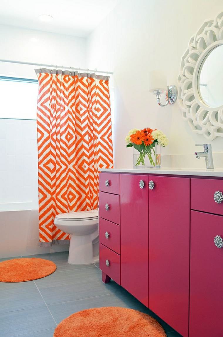 bilik mandi tirai oren merah jambu lantai tikar bunga tandas deco