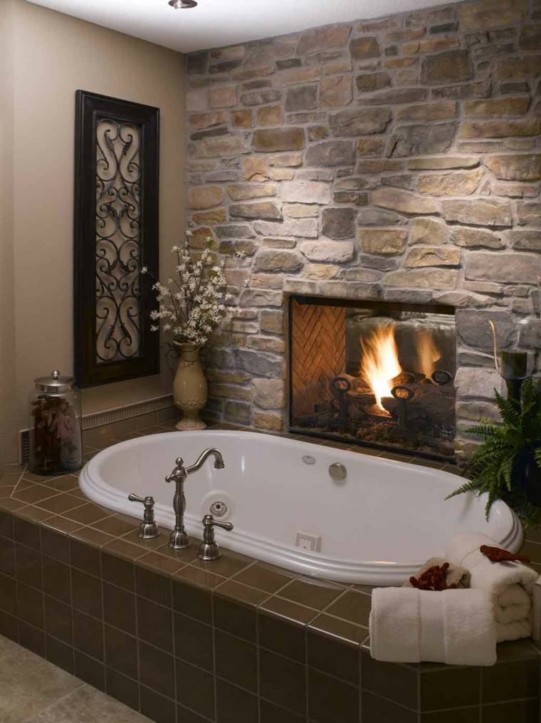 fireplace bathroom stone bathtub design trend stone wall briquettes