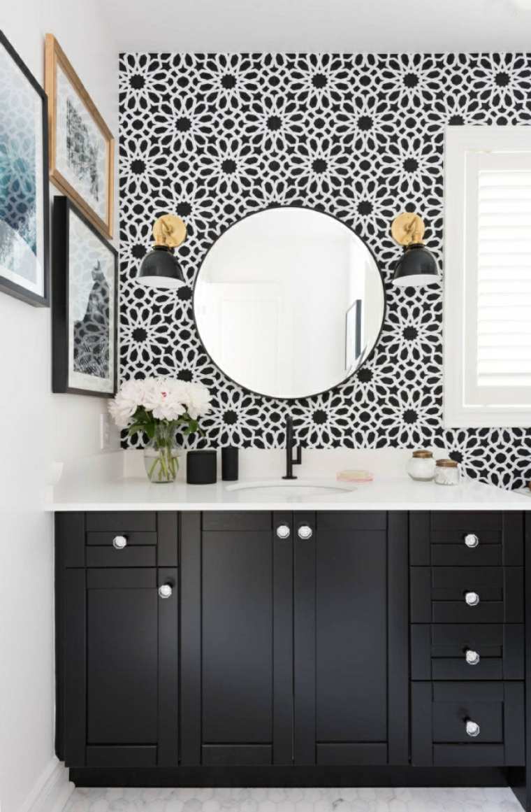 black white wallpaper round mirror black wood furniture wall decor idea