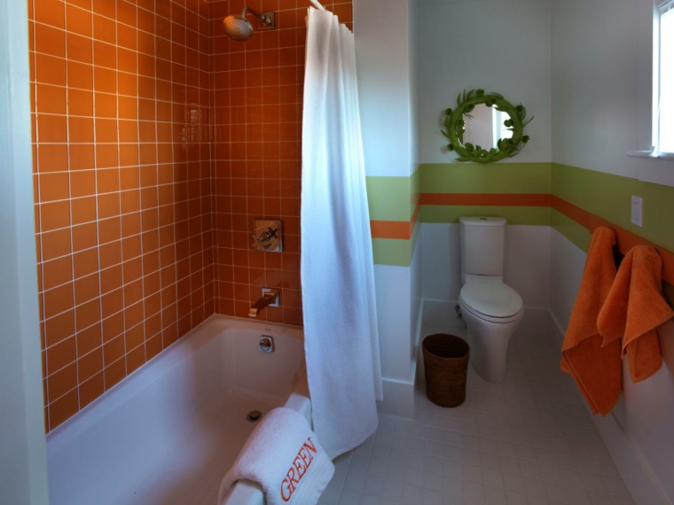 bathroom tile orange idea toilet mirror bathtub