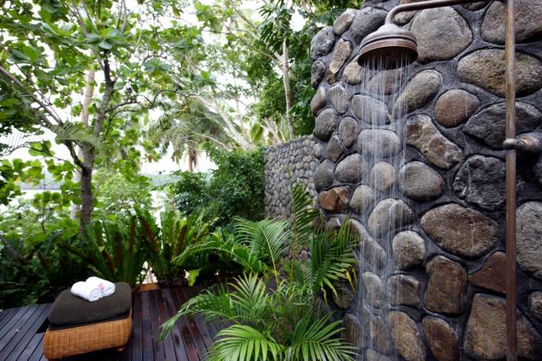 outdoor bathroom stone wood shower cabin design